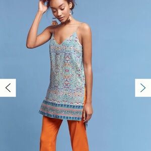 Anthropologie Teal and Pink Patterned Tunic